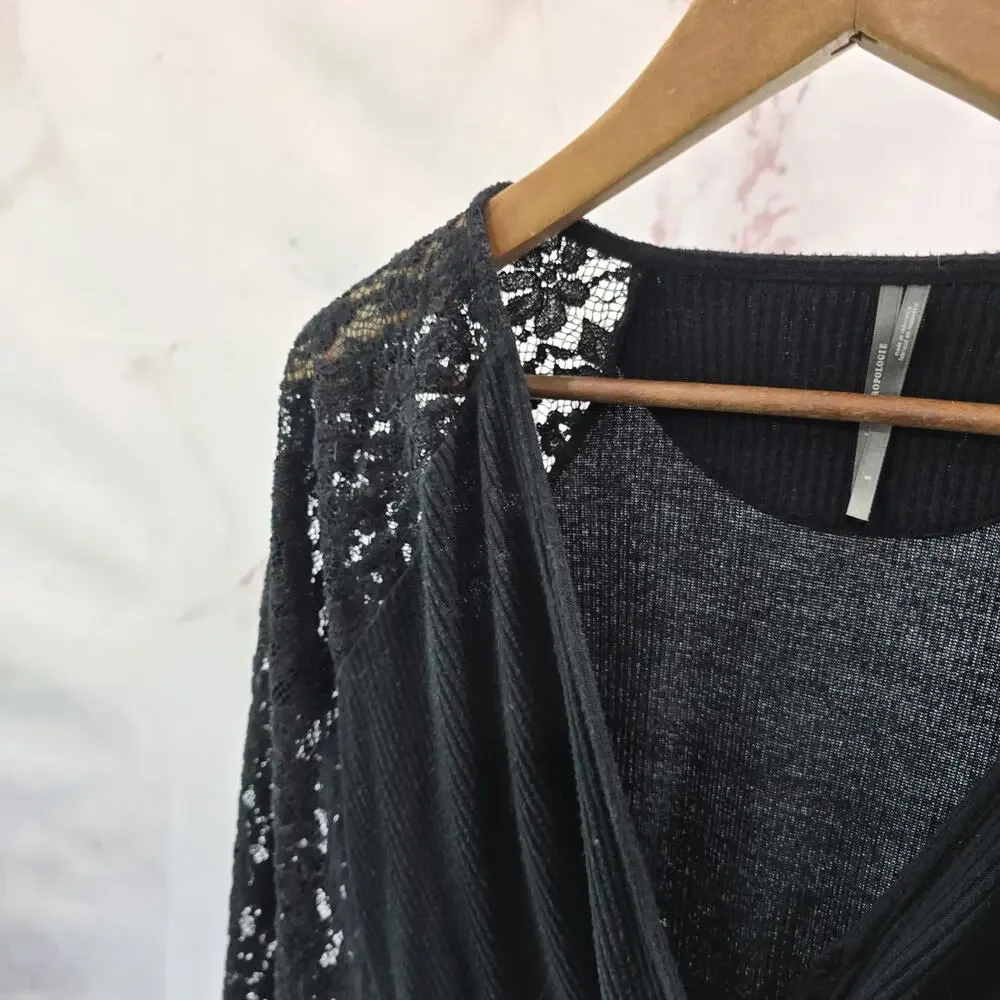 Anthropologie Shirt Womens Small Black Lace Puff Sleeve Faux Wrap Rib Sweater